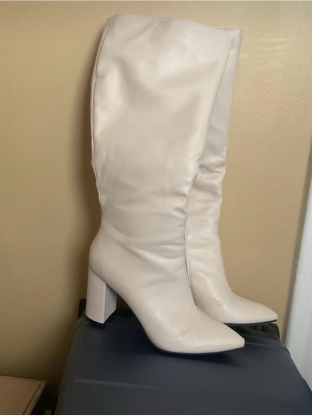 Women's White Mid-Calf Block Heel Boots - Sleek Pointed Toe